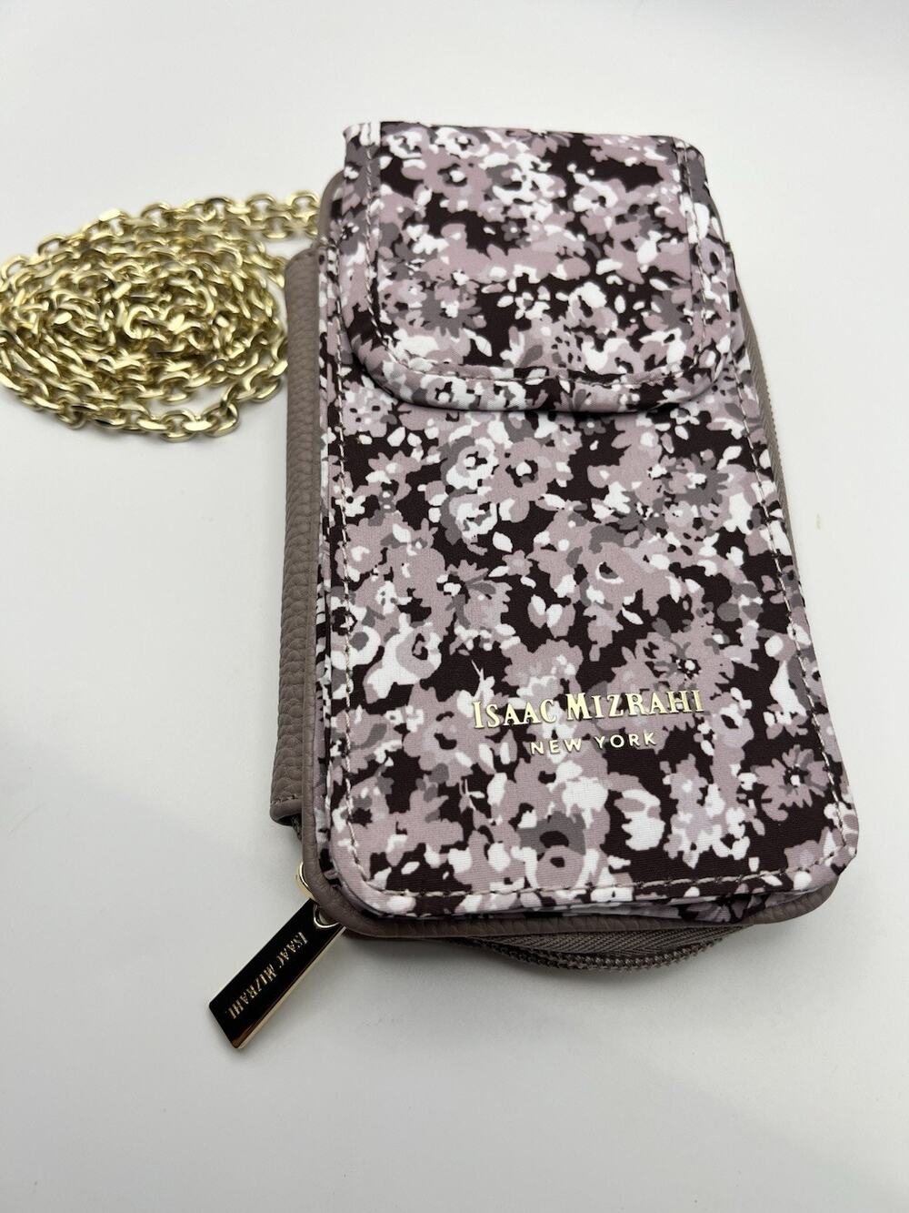 Isaac Mizrahi Floral Print Crossbody Phone / Wallet With Gold Chain And Accents